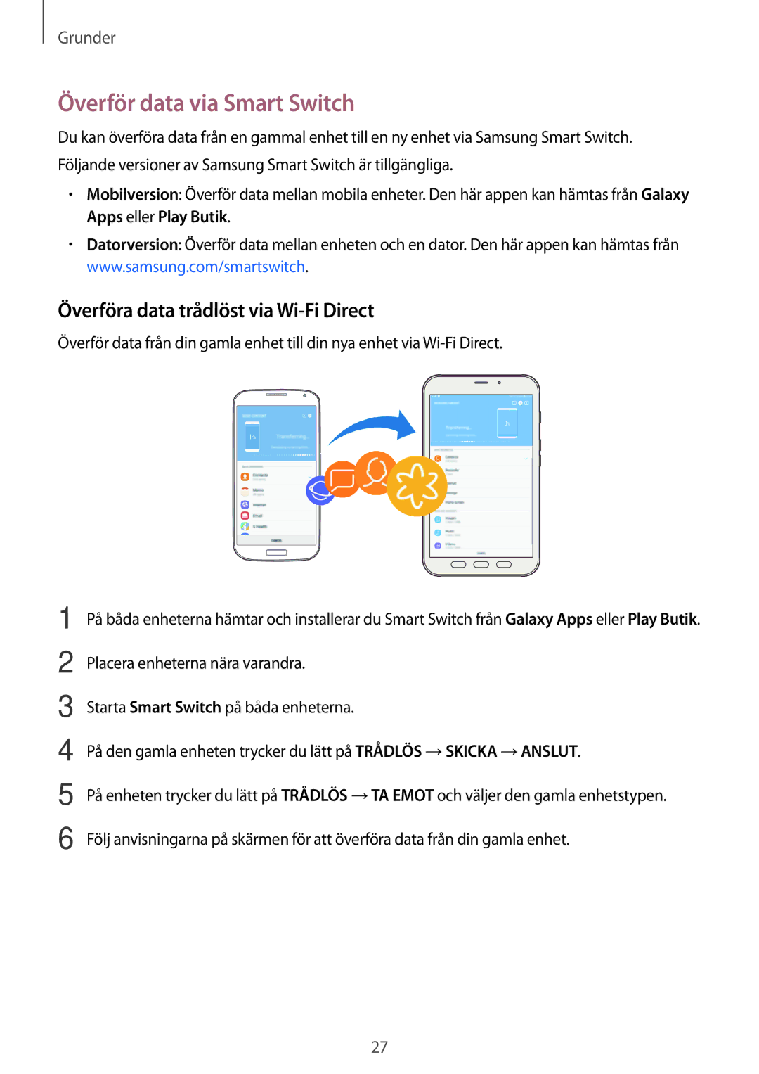 Samsung SM-T395NZKANEE manual Överför data via Smart Switch, Överföra data trådlöst via Wi-Fi Direct 