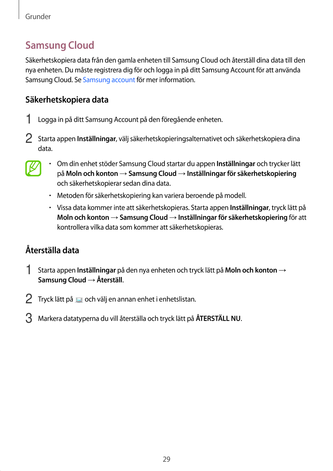 Samsung SM-T395NZKANEE manual Samsung Cloud, Säkerhetskopiera data, Återställa data 