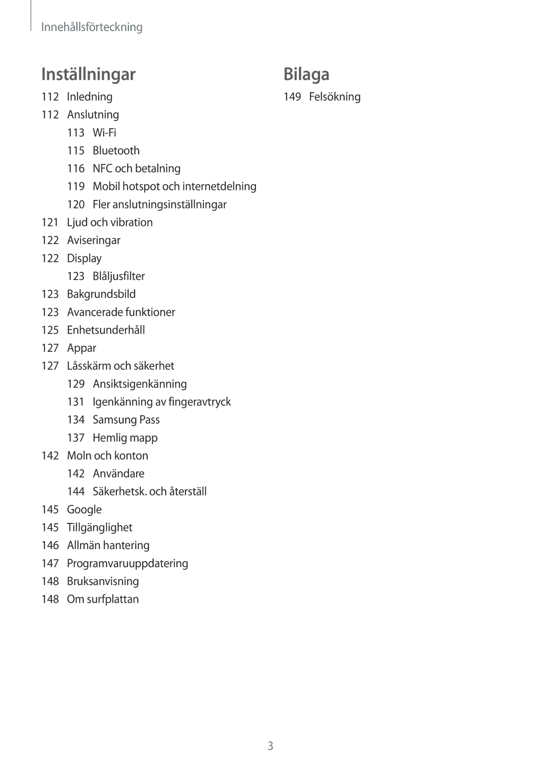 Samsung SM-T395NZKANEE manual Inställningar Bilaga 