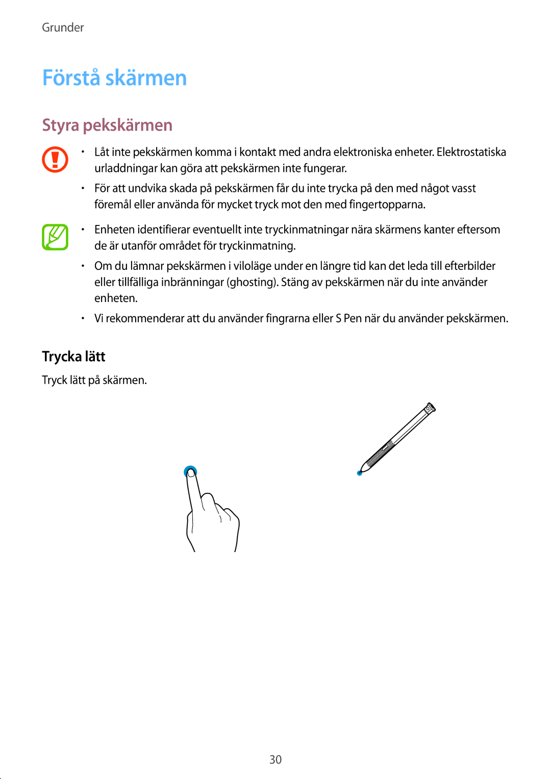 Samsung SM-T395NZKANEE manual Förstå skärmen, Styra pekskärmen, Trycka lätt 