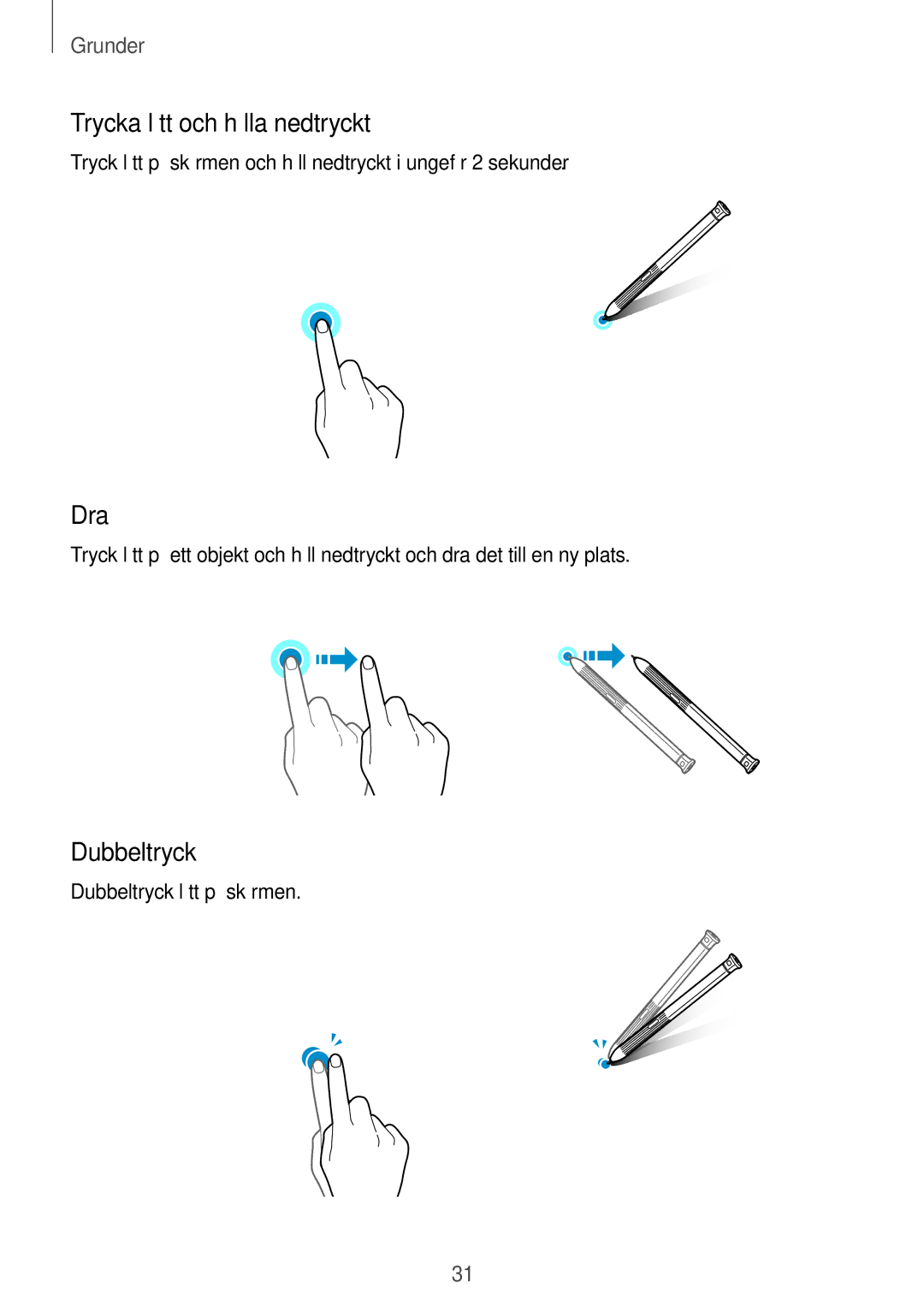 Samsung SM-T395NZKANEE manual Trycka lätt och hålla nedtryckt, Dra, Dubbeltryck 