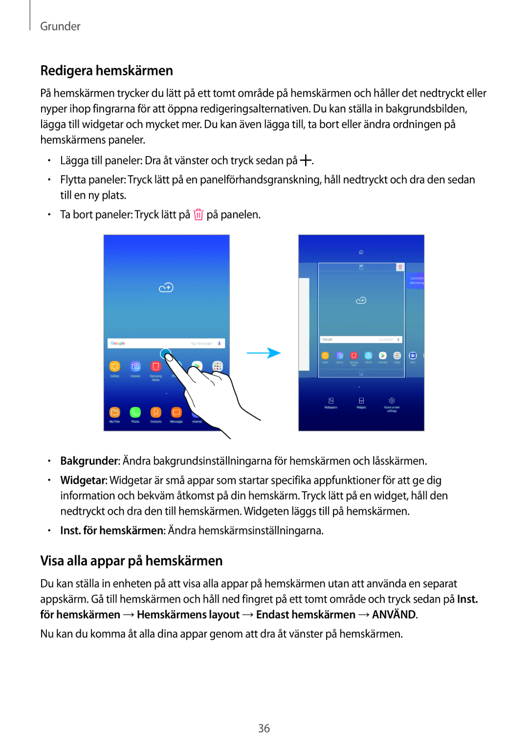 Samsung SM-T395NZKANEE manual Redigera hemskärmen, Visa alla appar på hemskärmen 