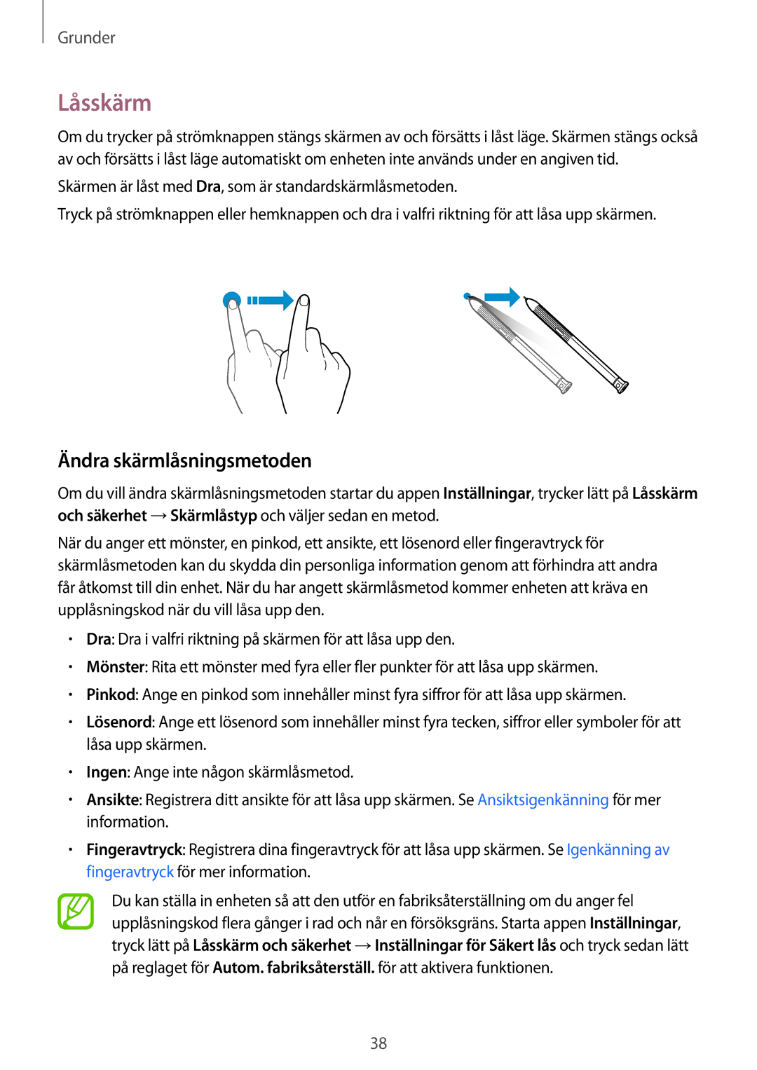 Samsung SM-T395NZKANEE manual Låsskärm, Ändra skärmlåsningsmetoden 