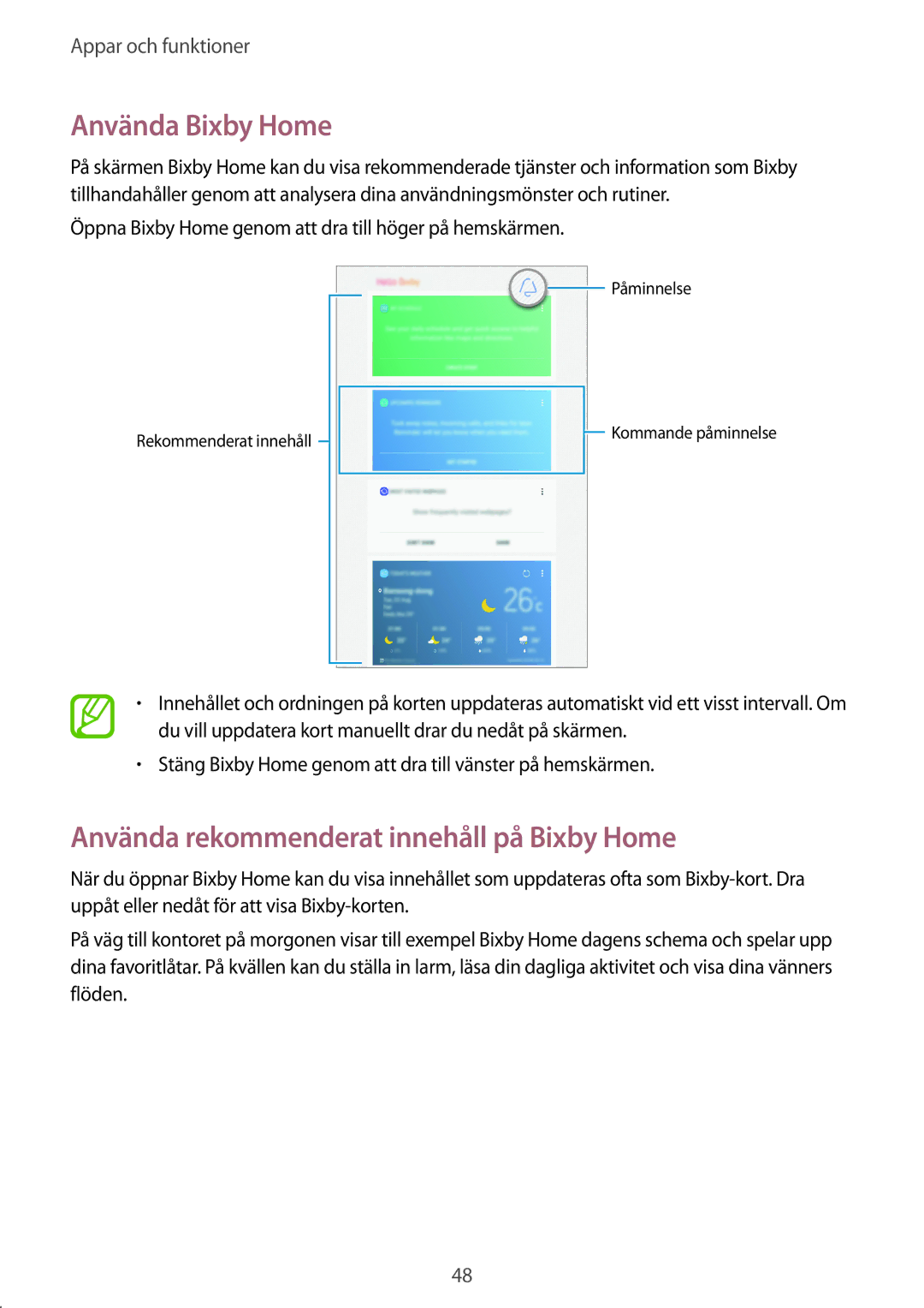 Samsung SM-T395NZKANEE manual Använda Bixby Home, Använda rekommenderat innehåll på Bixby Home 