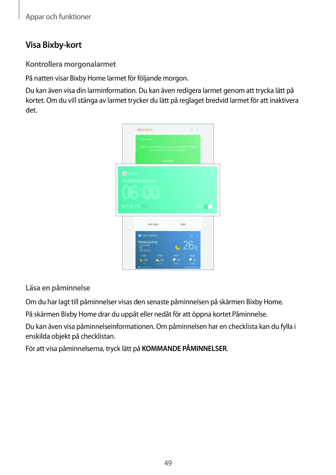 Samsung SM-T395NZKANEE manual Visa Bixby-kort, Kontrollera morgonalarmet, Läsa en påminnelse 