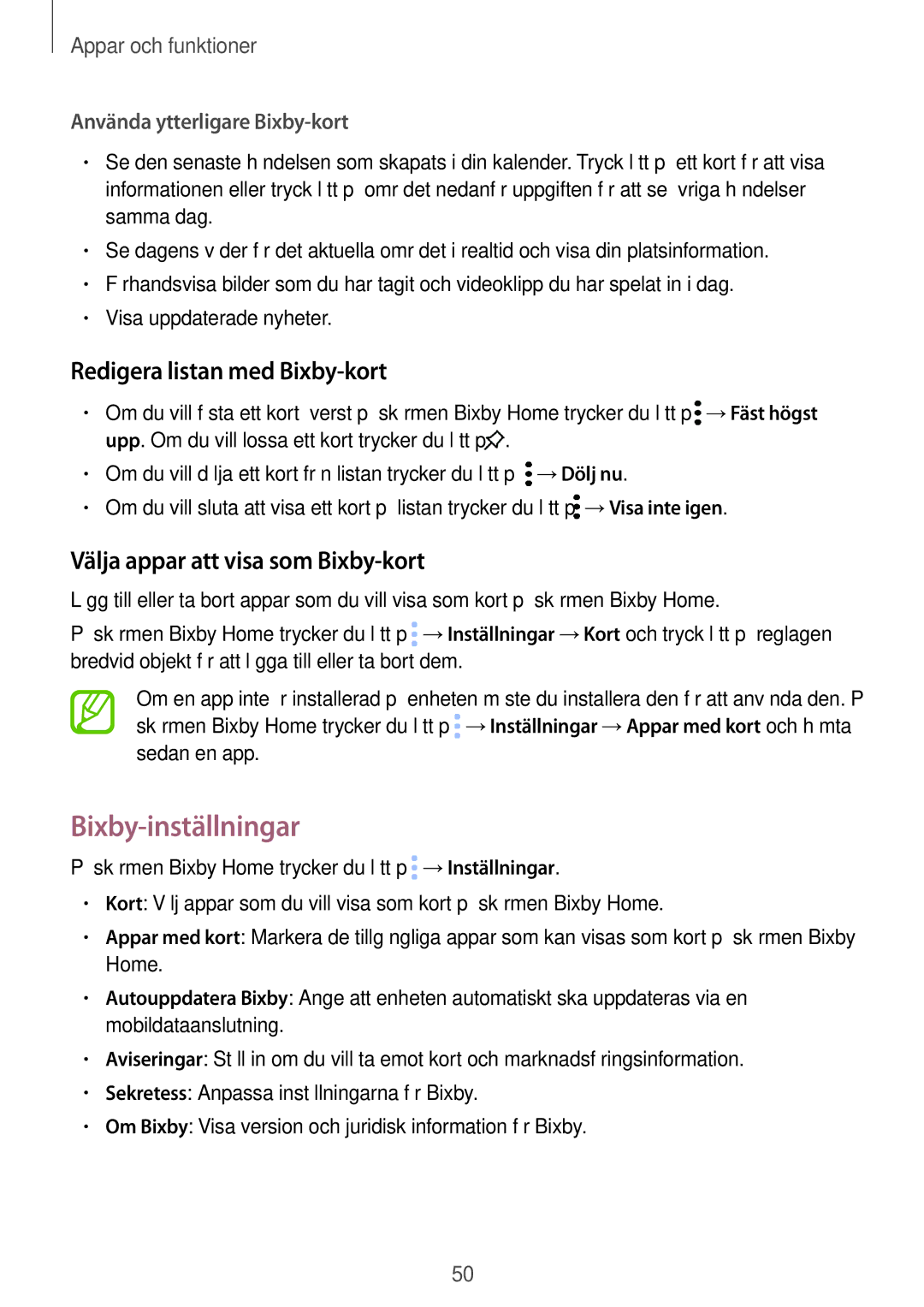 Samsung SM-T395NZKANEE manual Bixby-inställningar, Redigera listan med Bixby-kort, Välja appar att visa som Bixby-kort 