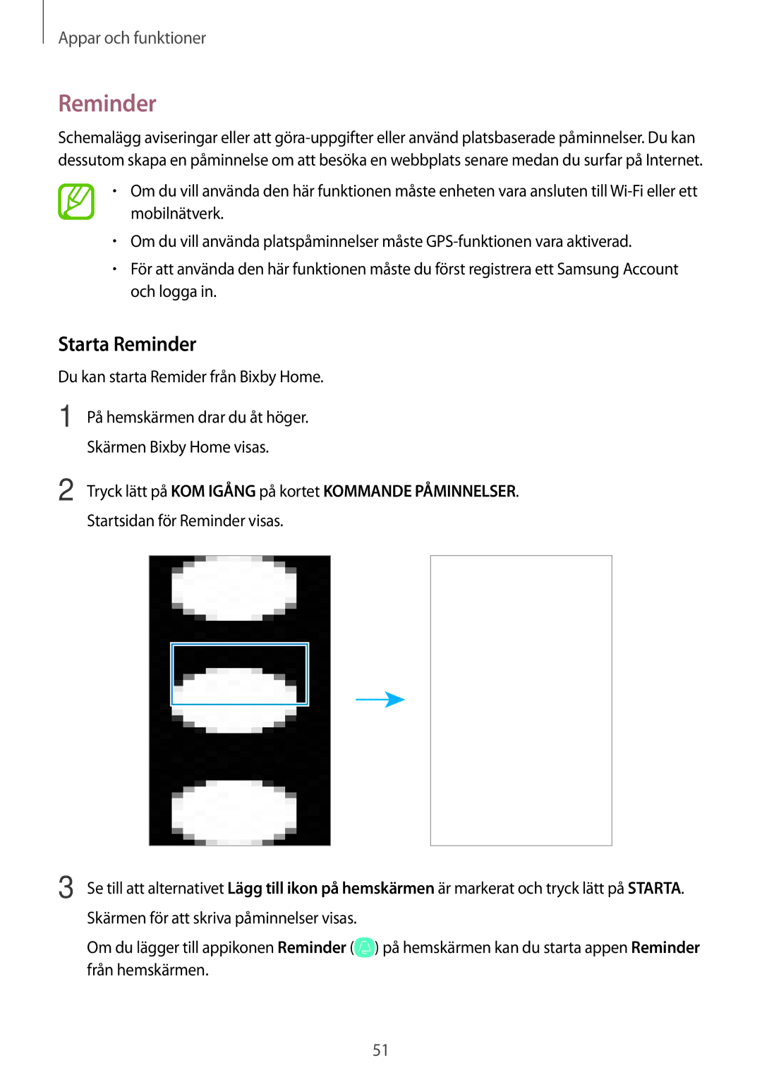 Samsung SM-T395NZKANEE manual Starta Reminder, Tryck lätt på KOM Igång på kortet Kommande Påminnelser 