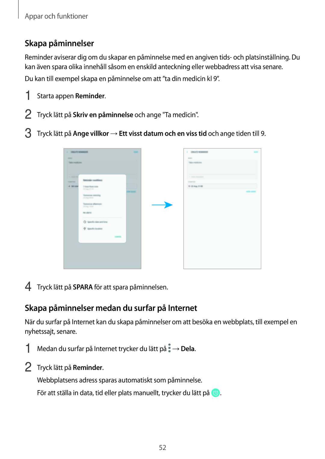 Samsung SM-T395NZKANEE manual Skapa påminnelser medan du surfar på Internet 