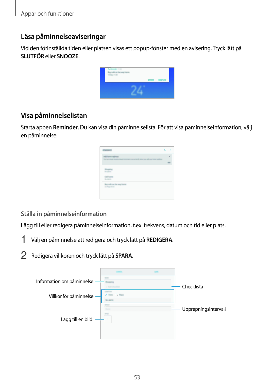 Samsung SM-T395NZKANEE manual Läsa påminnelseaviseringar, Visa påminnelselistan, Ställa in påminnelseinformation 