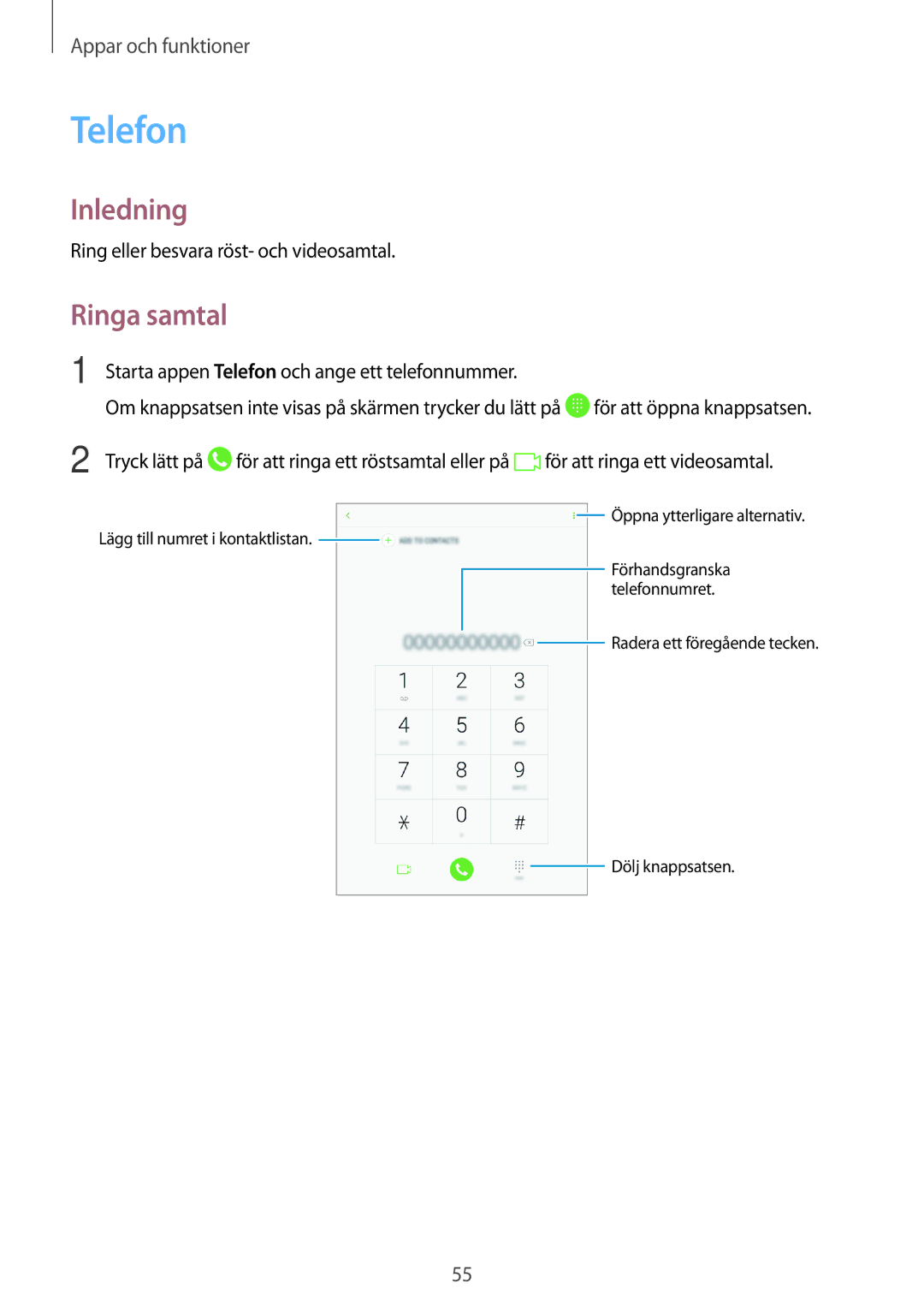 Samsung SM-T395NZKANEE manual Telefon, Ringa samtal 