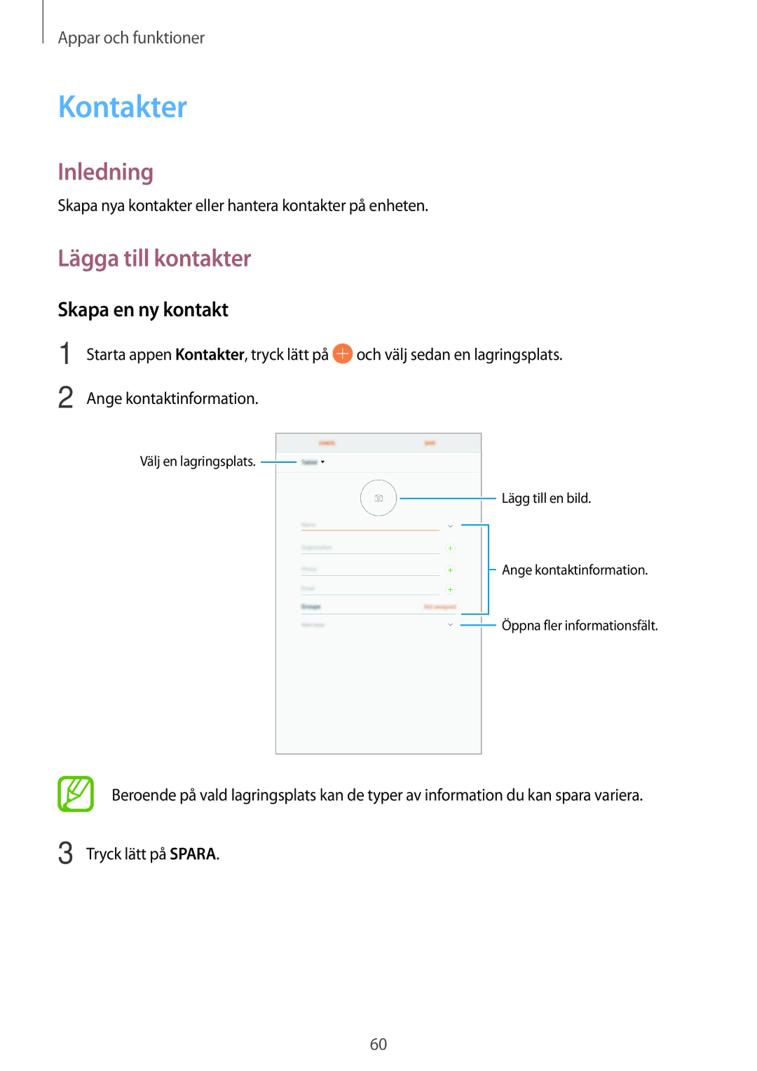 Samsung SM-T395NZKANEE manual Kontakter, Lägga till kontakter, Skapa en ny kontakt 