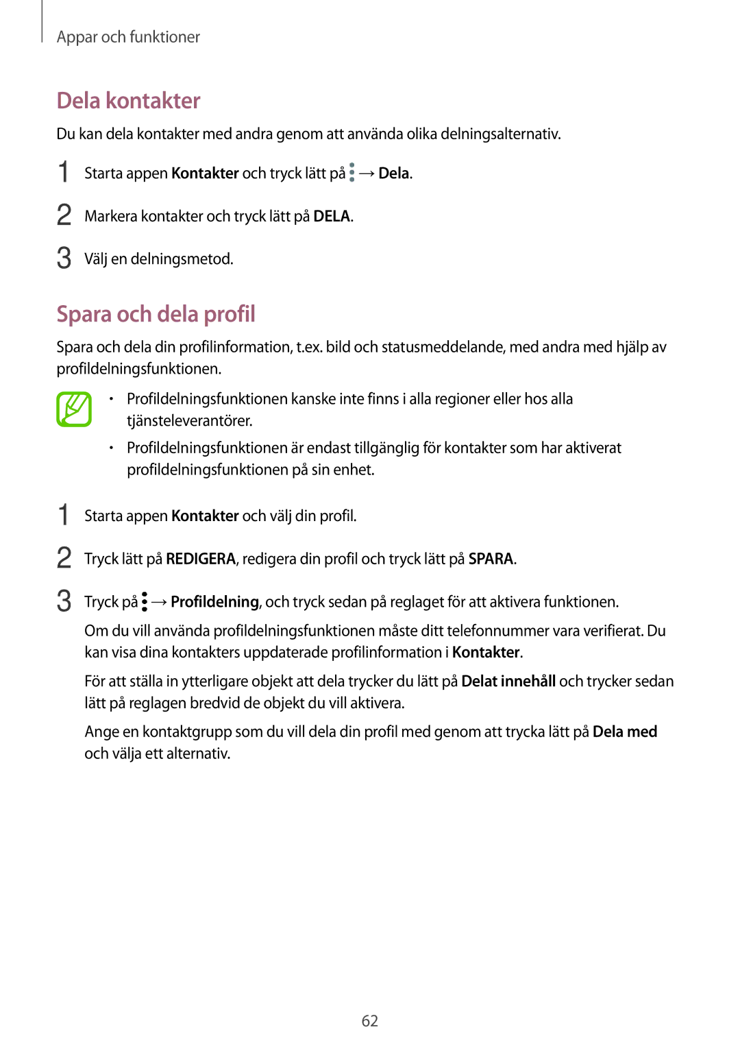 Samsung SM-T395NZKANEE manual Dela kontakter, Spara och dela profil 