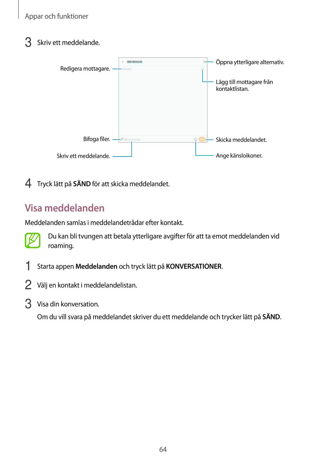 Samsung SM-T395NZKANEE manual Visa meddelanden 