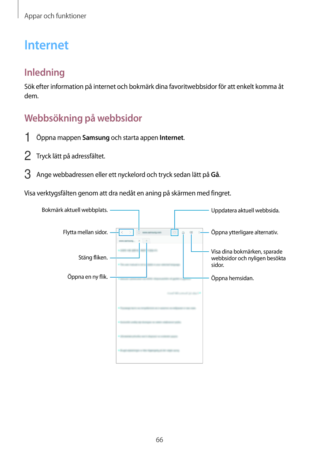 Samsung SM-T395NZKANEE manual Internet, Webbsökning på webbsidor 