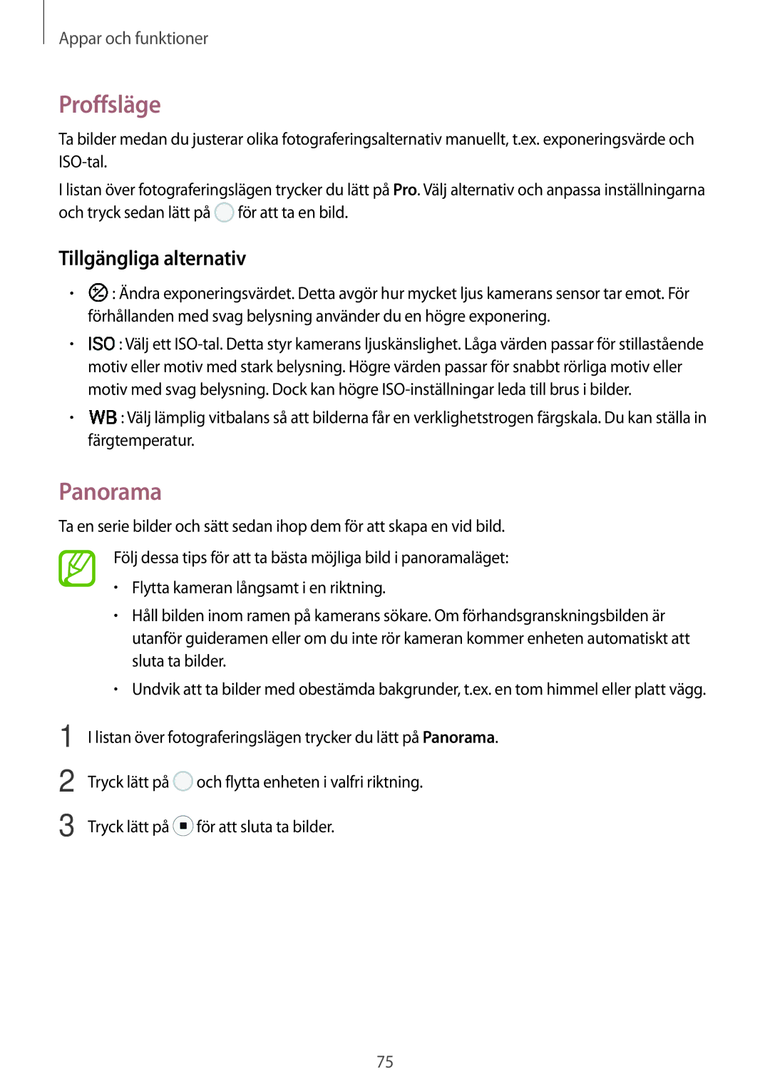 Samsung SM-T395NZKANEE manual Proffsläge, Panorama, Tillgängliga alternativ 