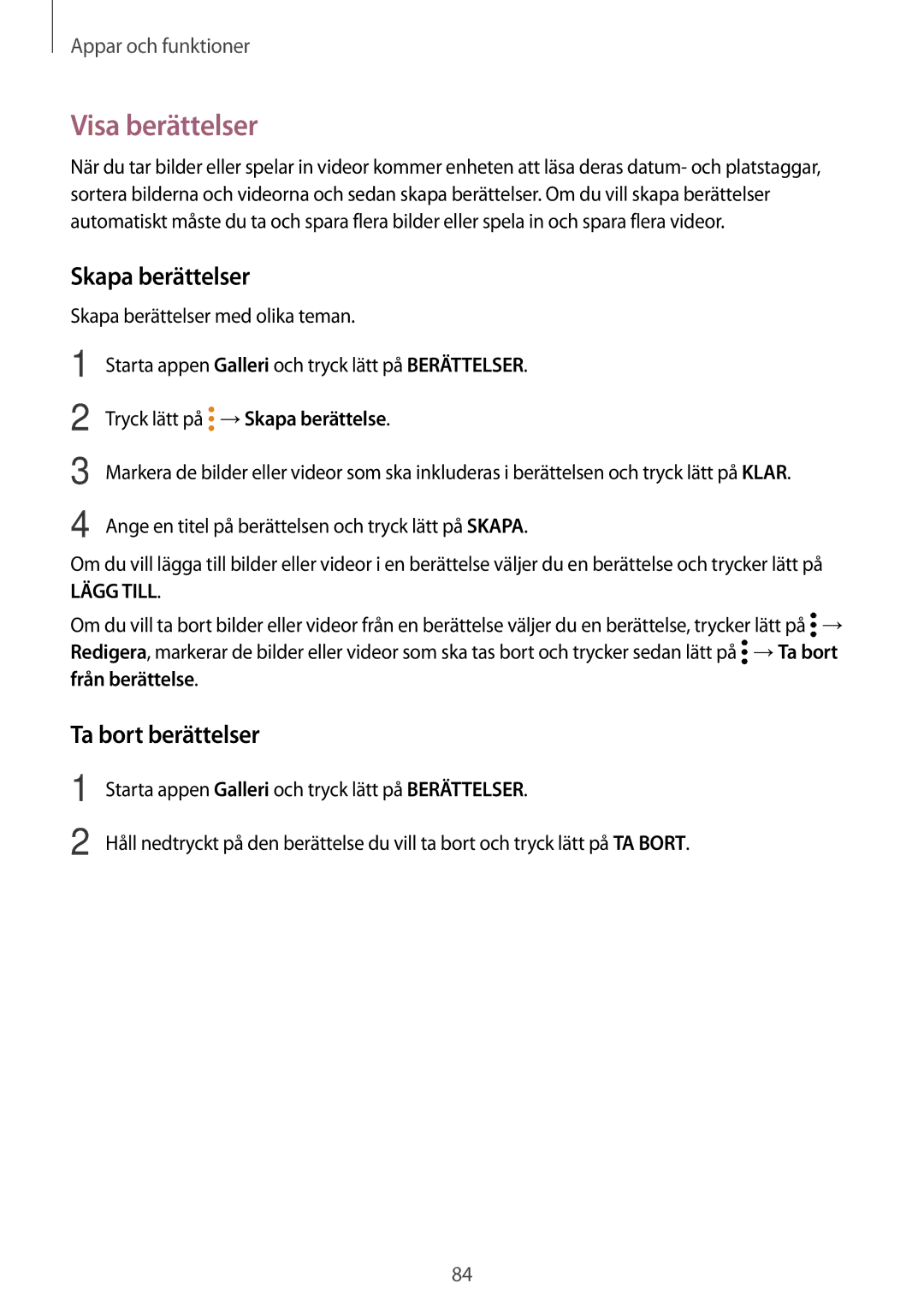 Samsung SM-T395NZKANEE manual Visa berättelser, Skapa berättelser, Ta bort berättelser 