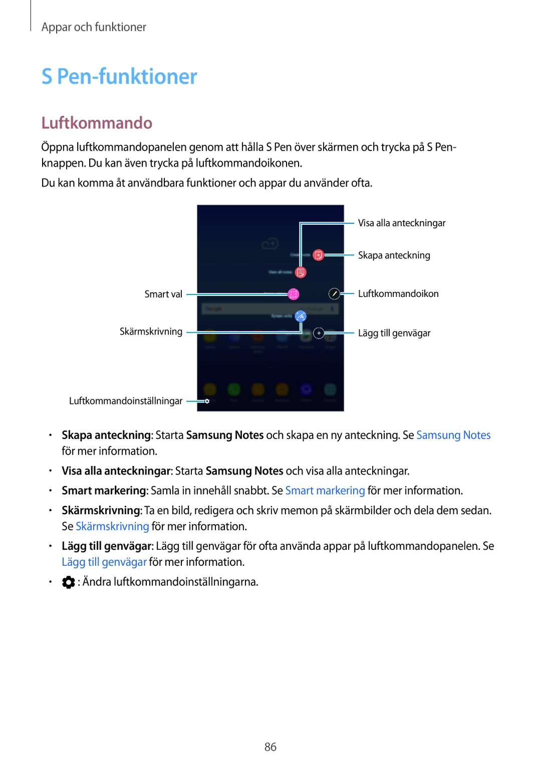 Samsung SM-T395NZKANEE manual Pen-funktioner, Luftkommando 