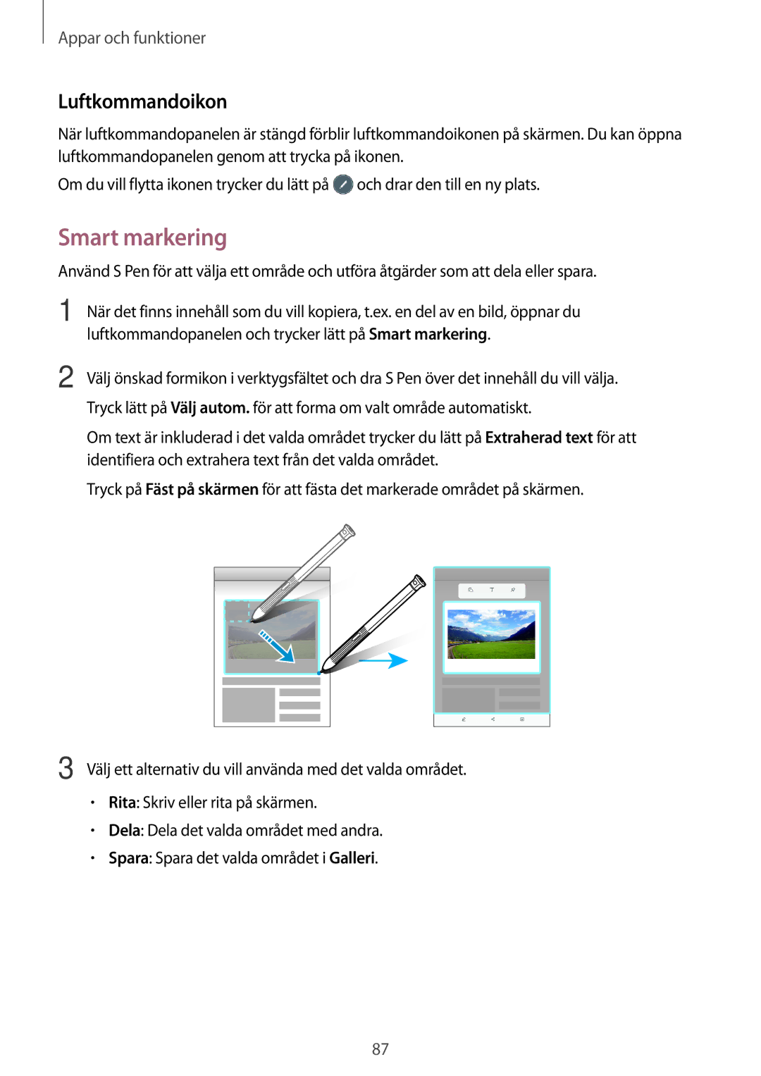 Samsung SM-T395NZKANEE manual Smart markering, Luftkommandoikon 