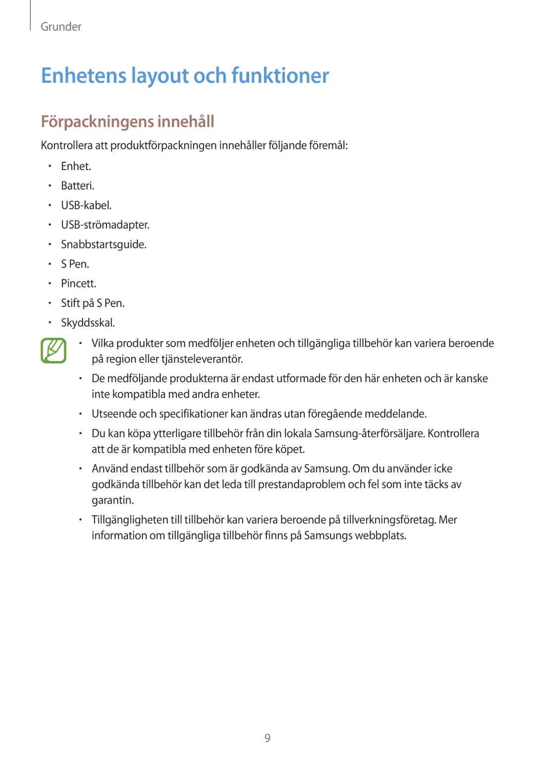 Samsung SM-T395NZKANEE manual Enhetens layout och funktioner, Förpackningens innehåll 