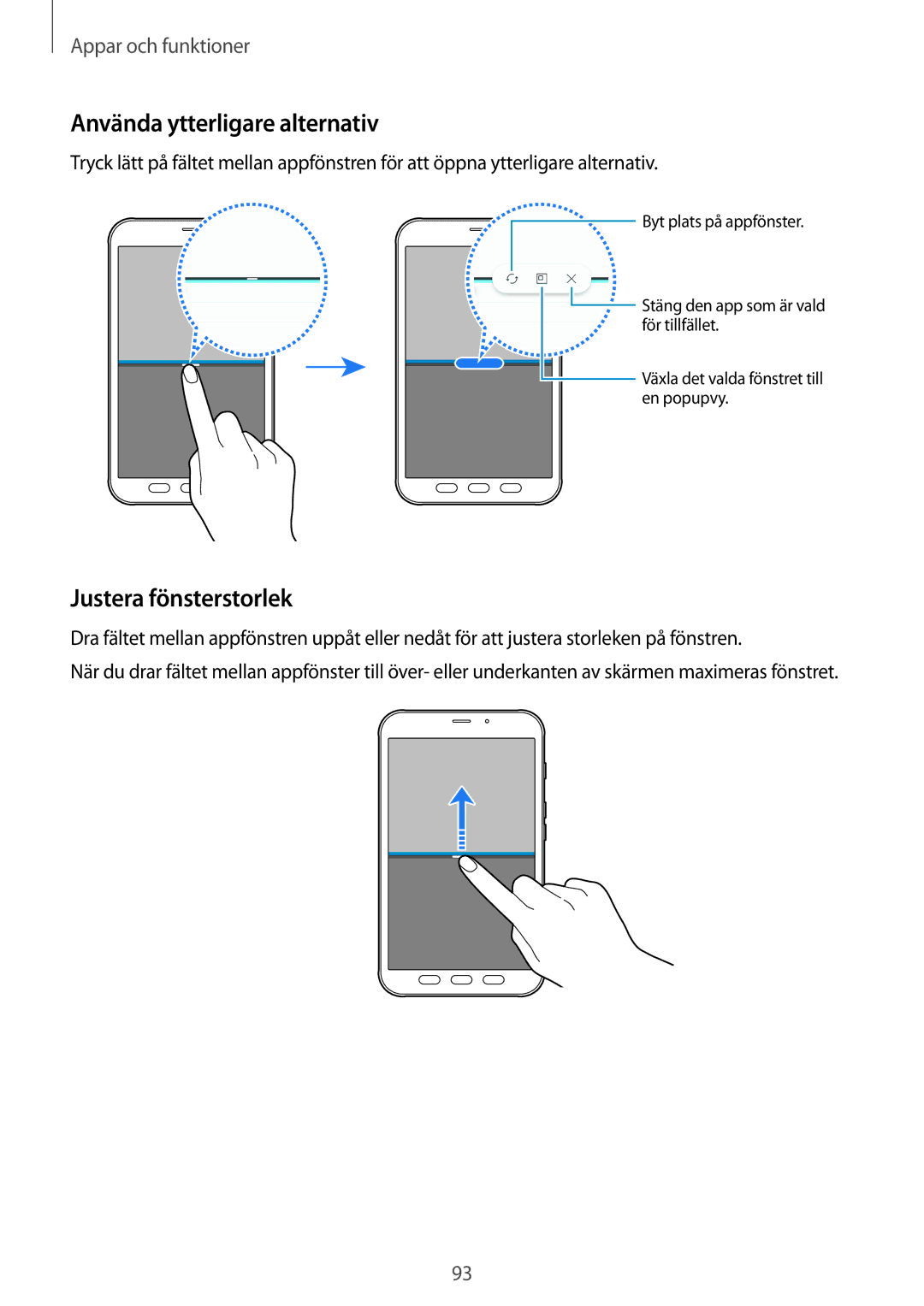 Samsung SM-T395NZKANEE manual Använda ytterligare alternativ, Justera fönsterstorlek 