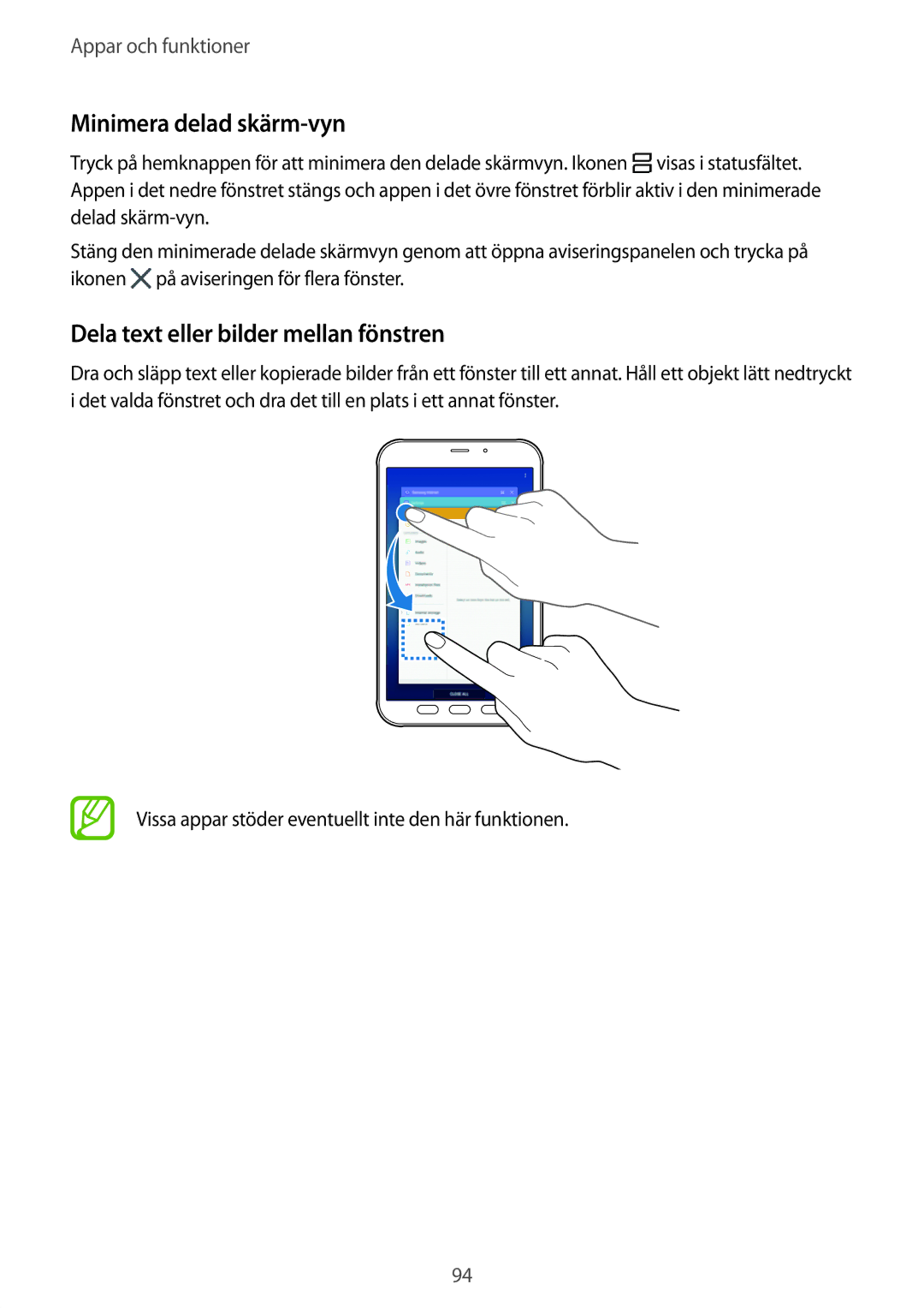 Samsung SM-T395NZKANEE manual Minimera delad skärm-vyn, Dela text eller bilder mellan fönstren 