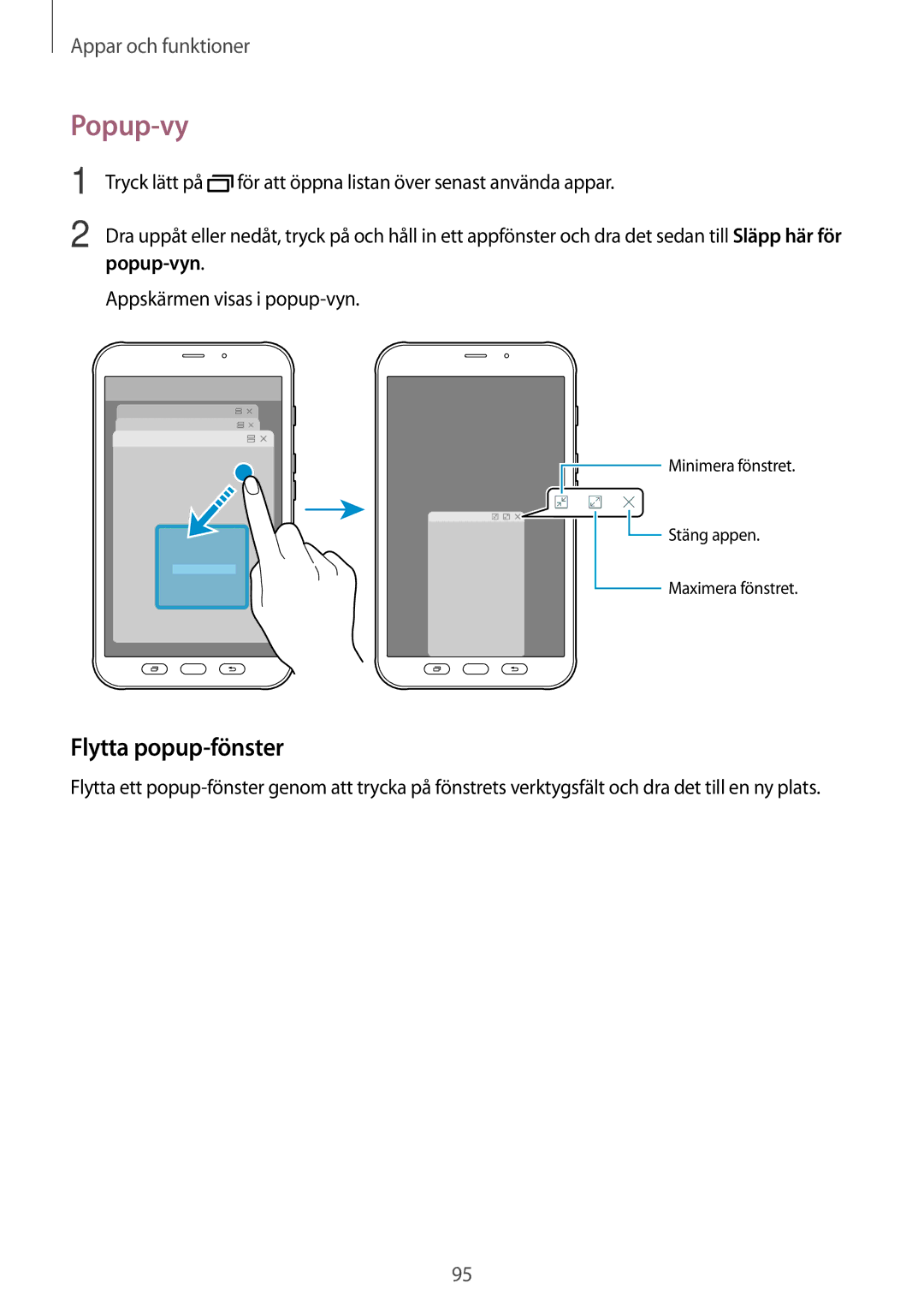 Samsung SM-T395NZKANEE manual Popup-vy, Flytta popup-fönster 