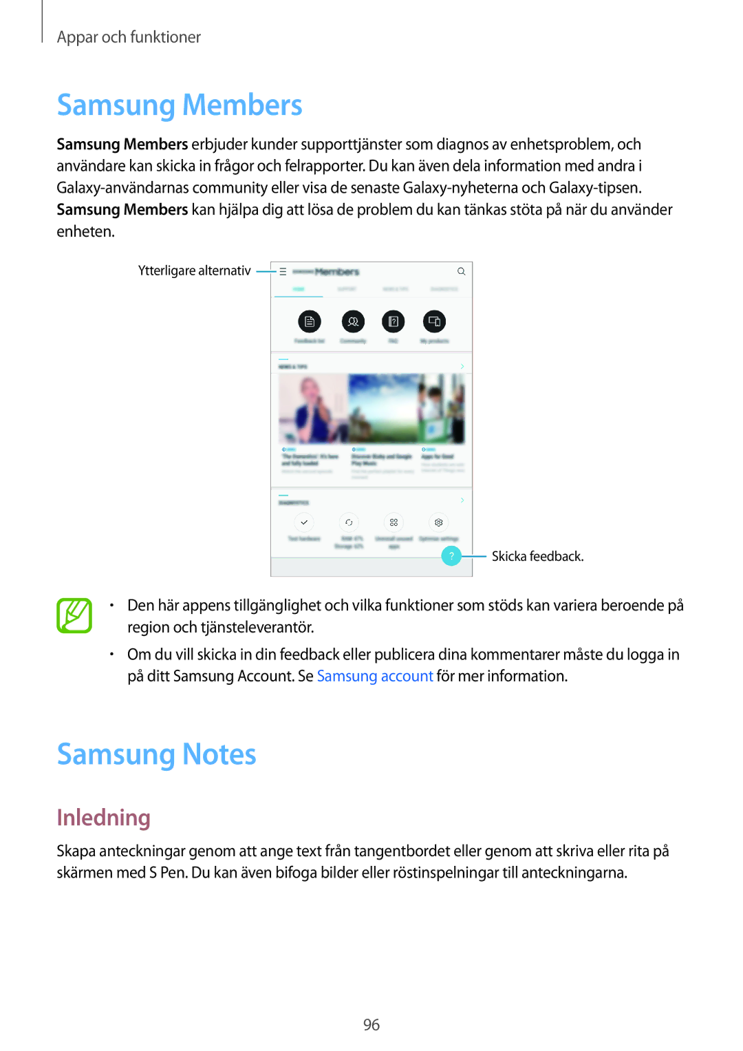 Samsung SM-T395NZKANEE manual Samsung Members, Samsung Notes 