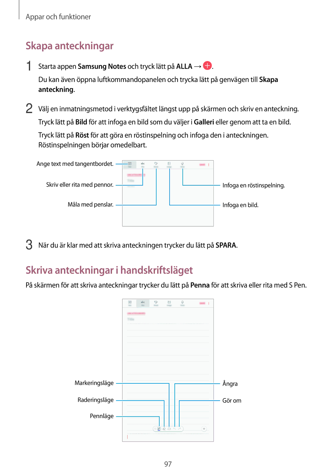 Samsung SM-T395NZKANEE manual Skapa anteckningar, Skriva anteckningar i handskriftsläget, Anteckning 