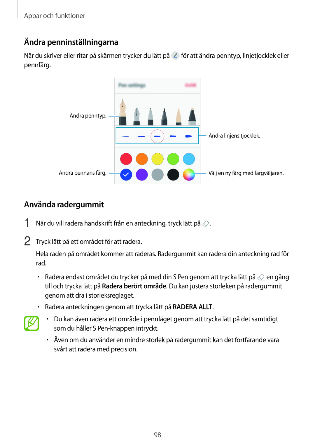 Samsung SM-T395NZKANEE manual Ändra penninställningarna, Använda radergummit 