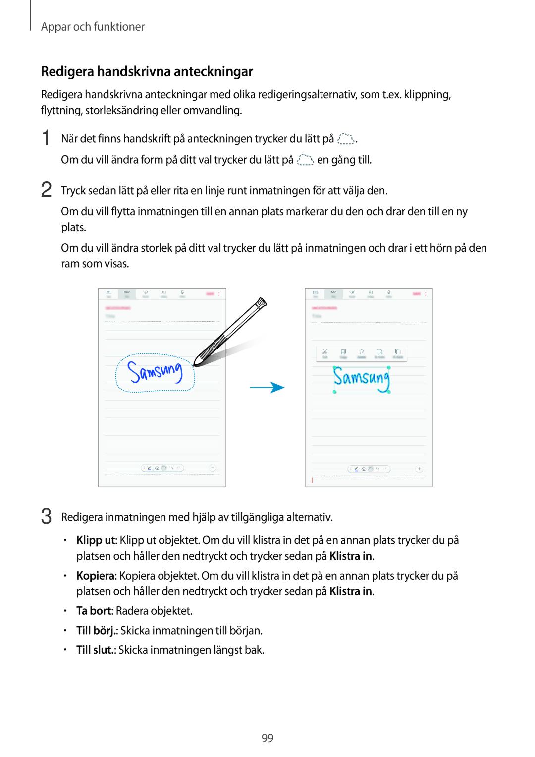 Samsung SM-T395NZKANEE manual Redigera handskrivna anteckningar 