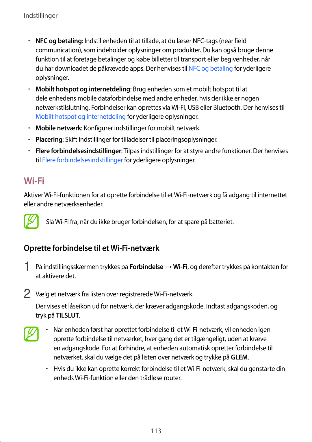 Samsung SM-T395NZKANEE manual Oprette forbindelse til et Wi-Fi-netværk, At aktivere det, Tryk på Tilslut 