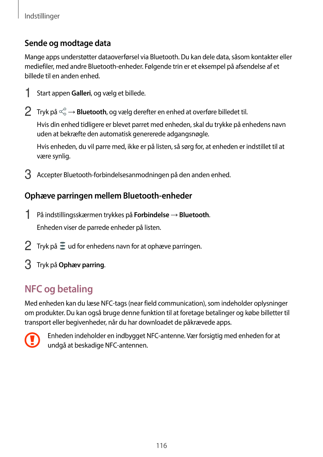 Samsung SM-T395NZKANEE manual NFC og betaling, Sende og modtage data, Ophæve parringen mellem Bluetooth-enheder 