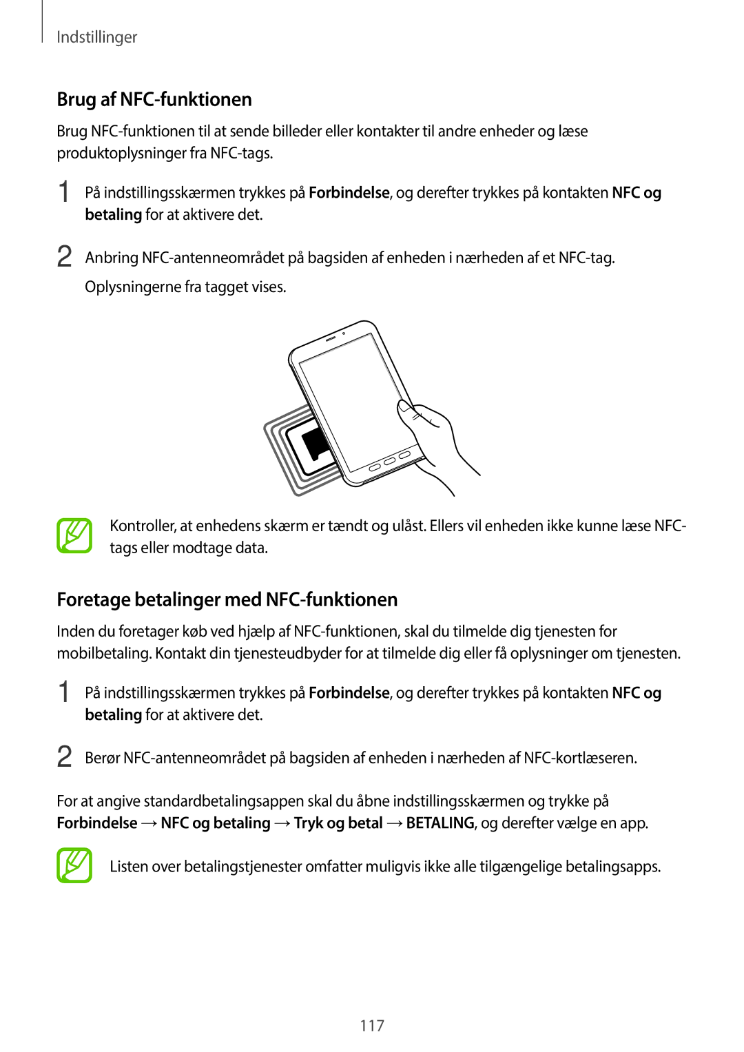 Samsung SM-T395NZKANEE manual Brug af NFC-funktionen, Foretage betalinger med NFC-funktionen 