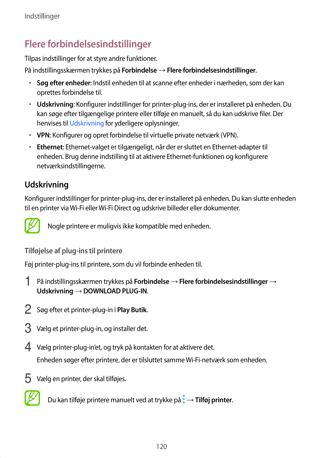 Samsung SM-T395NZKANEE manual Flere forbindelsesindstillinger, Udskrivning, Tilføjelse af plug-ins til printere 