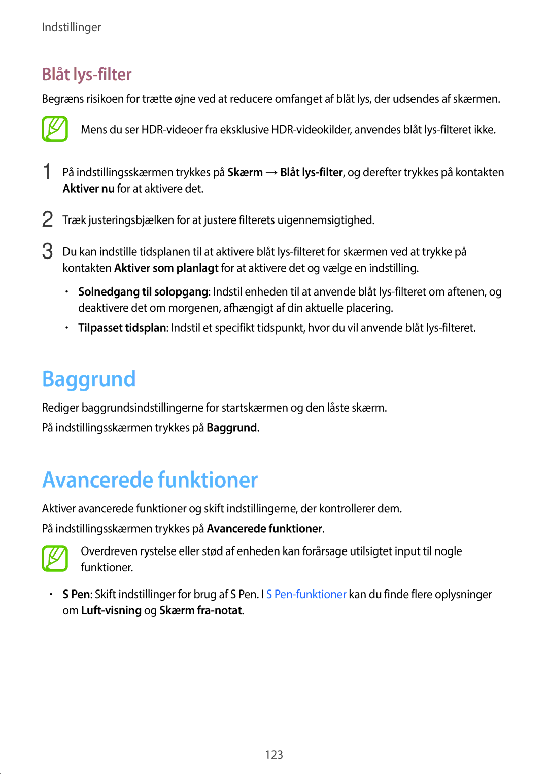 Samsung SM-T395NZKANEE manual Baggrund, Avancerede funktioner, Blåt lys-filter 