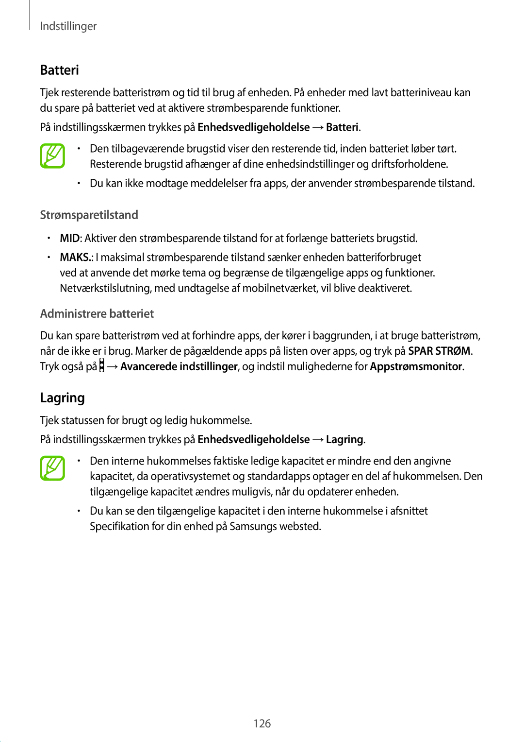 Samsung SM-T395NZKANEE manual Batteri, Lagring, Strømsparetilstand, Administrere batteriet 