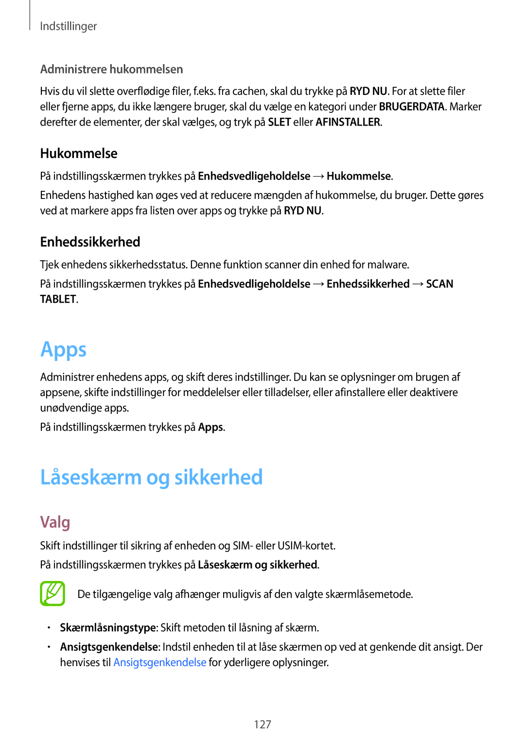 Samsung SM-T395NZKANEE manual Apps, Låseskærm og sikkerhed, Hukommelse, Enhedssikkerhed, Administrere hukommelsen 