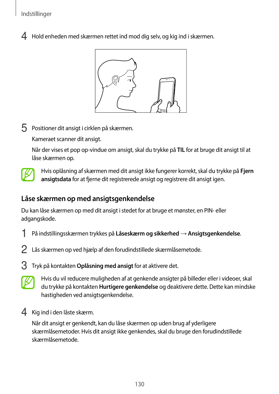 Samsung SM-T395NZKANEE manual Låse skærmen op med ansigtsgenkendelse 