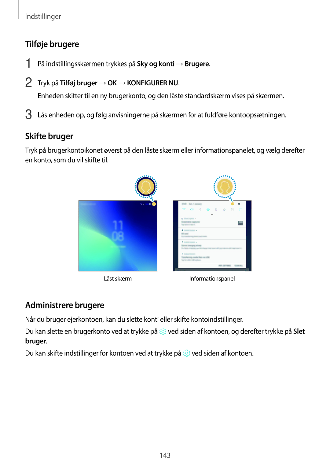 Samsung SM-T395NZKANEE manual Tilføje brugere, Skifte bruger, Administrere brugere 