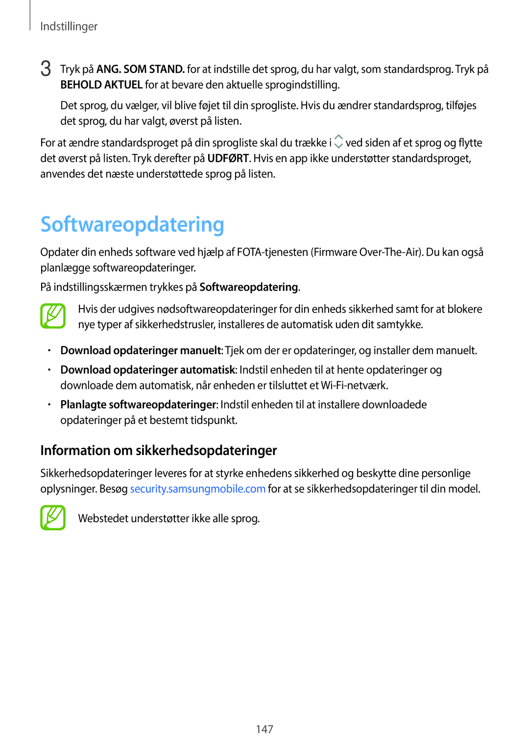 Samsung SM-T395NZKANEE Softwareopdatering, Information om sikkerhedsopdateringer, Webstedet understøtter ikke alle sprog 