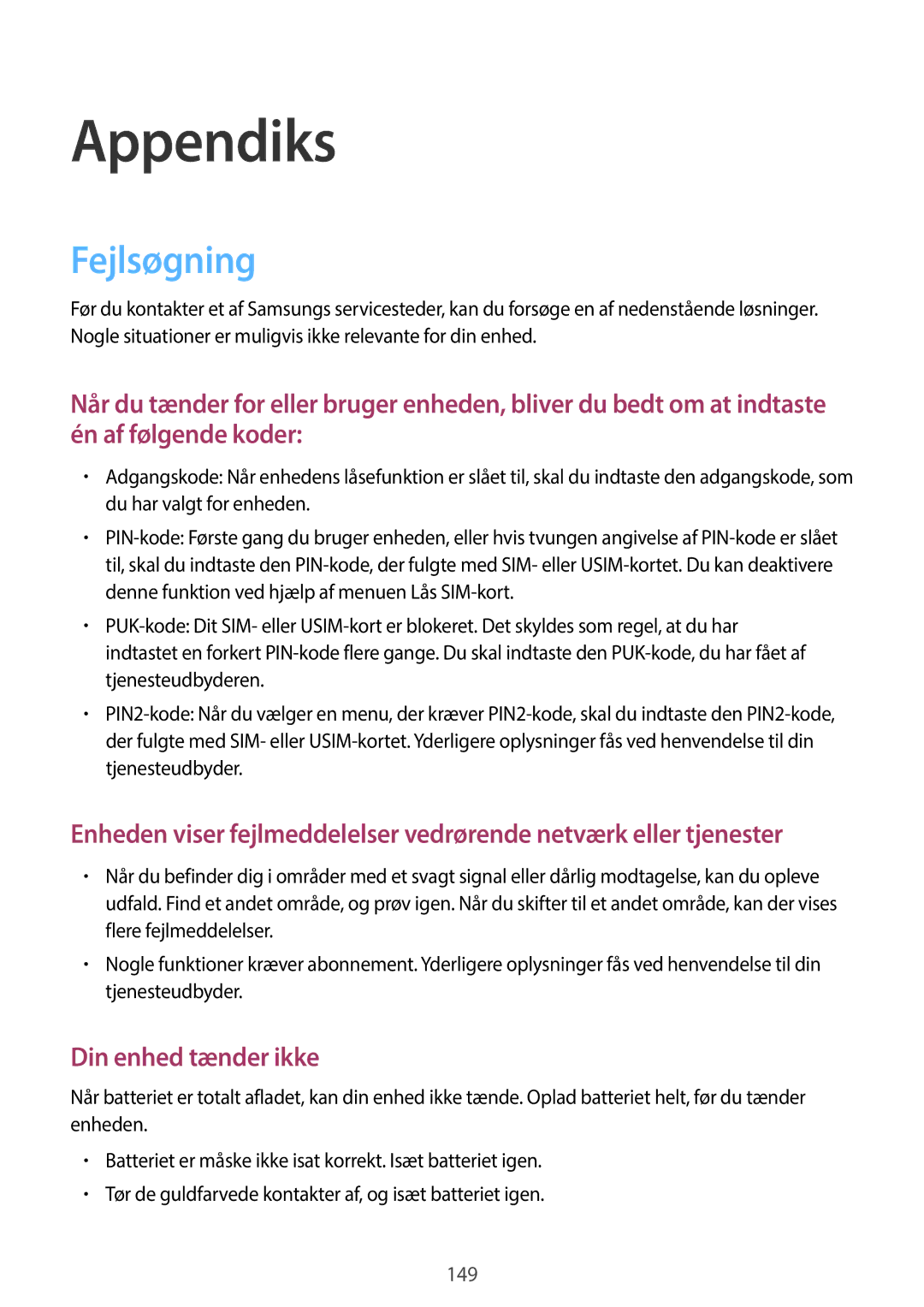 Samsung SM-T395NZKANEE manual Appendiks, Fejlsøgning 