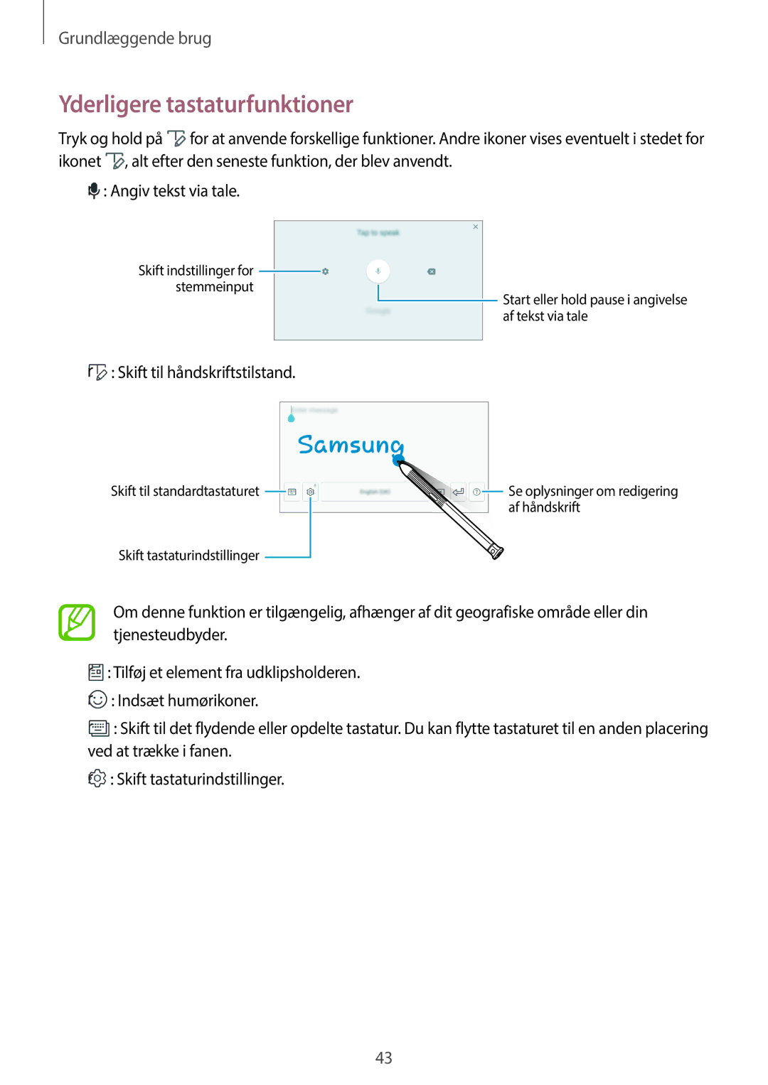 Samsung SM-T395NZKANEE manual Yderligere tastaturfunktioner, Skift til håndskriftstilstand 