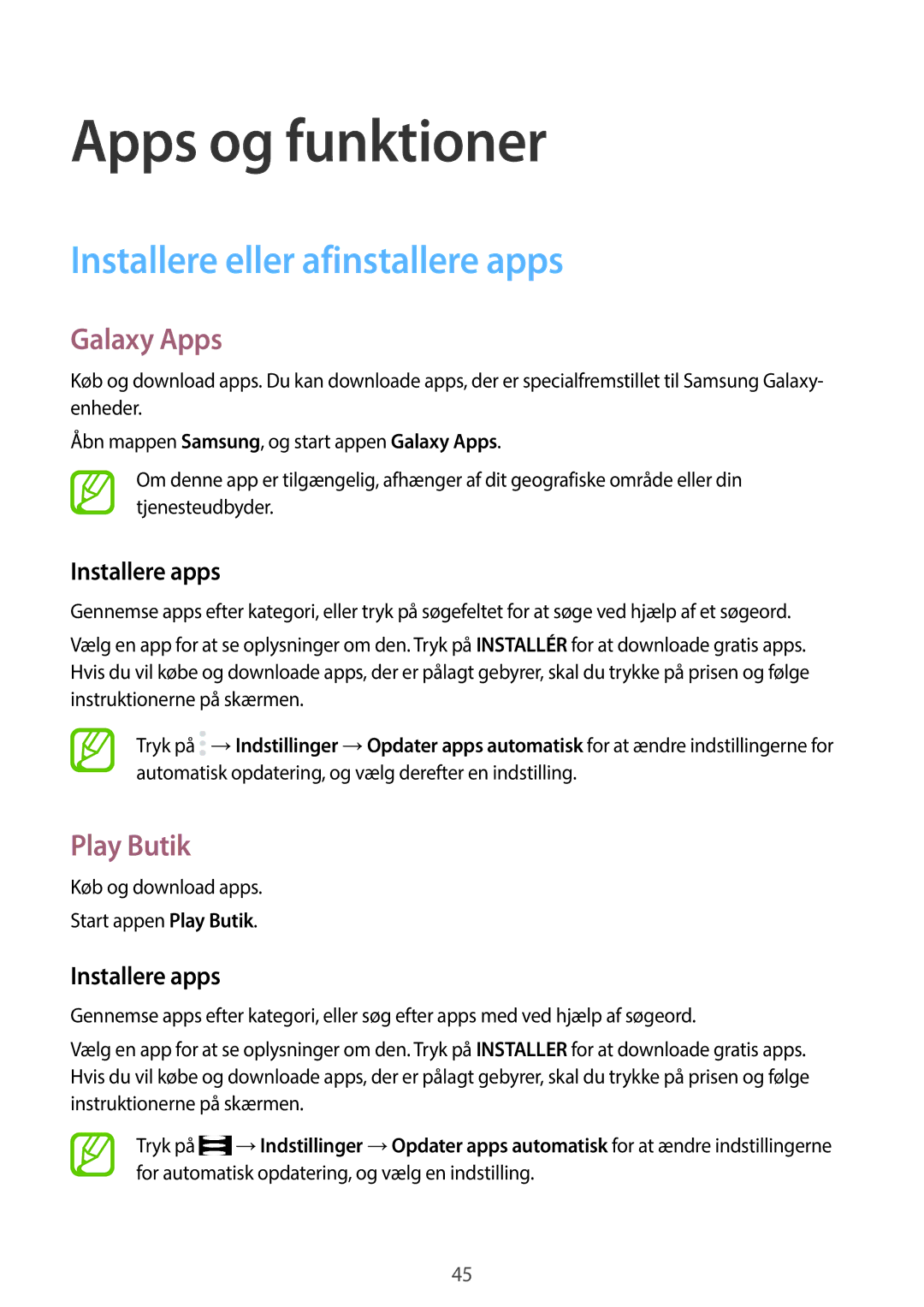 Samsung SM-T395NZKANEE manual Installere eller afinstallere apps, Galaxy Apps, Play Butik, Installere apps 