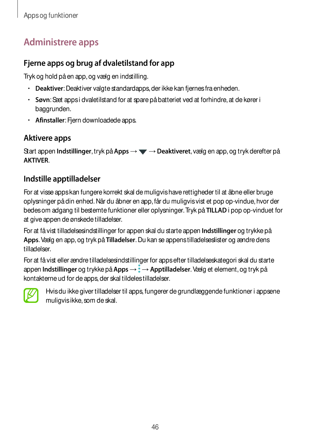 Samsung SM-T395NZKANEE manual Administrere apps, Fjerne apps og brug af dvaletilstand for app, Aktivere apps 