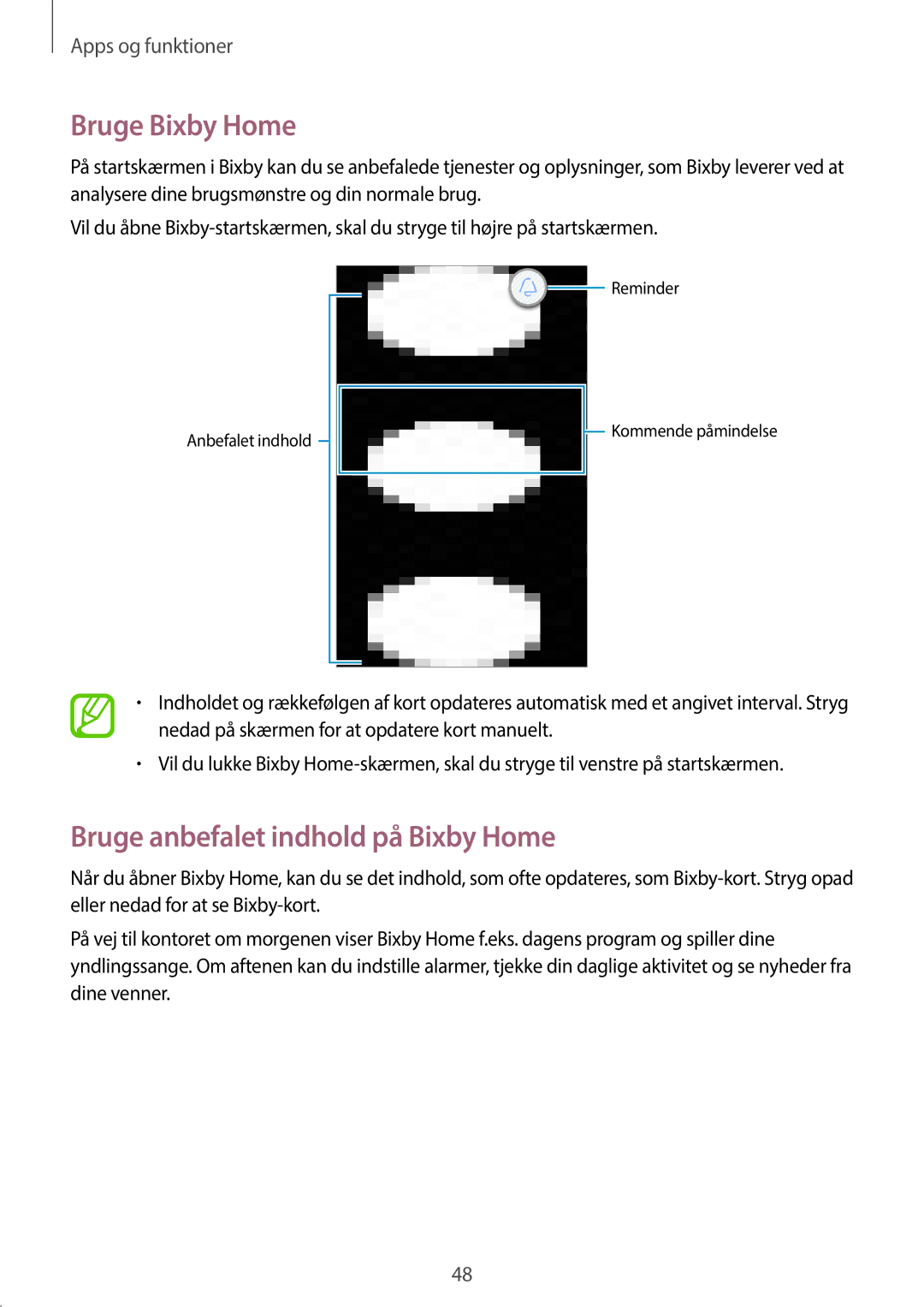 Samsung SM-T395NZKANEE manual Bruge Bixby Home, Bruge anbefalet indhold på Bixby Home 