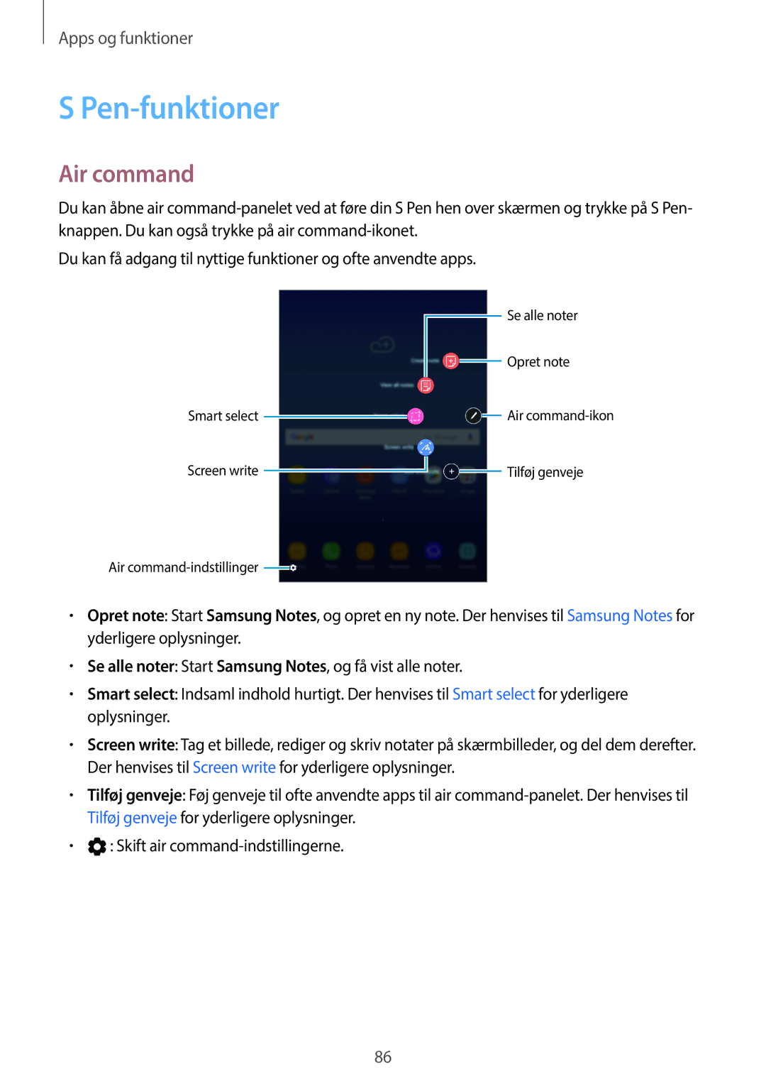 Samsung SM-T395NZKANEE manual Pen-funktioner, Air command 
