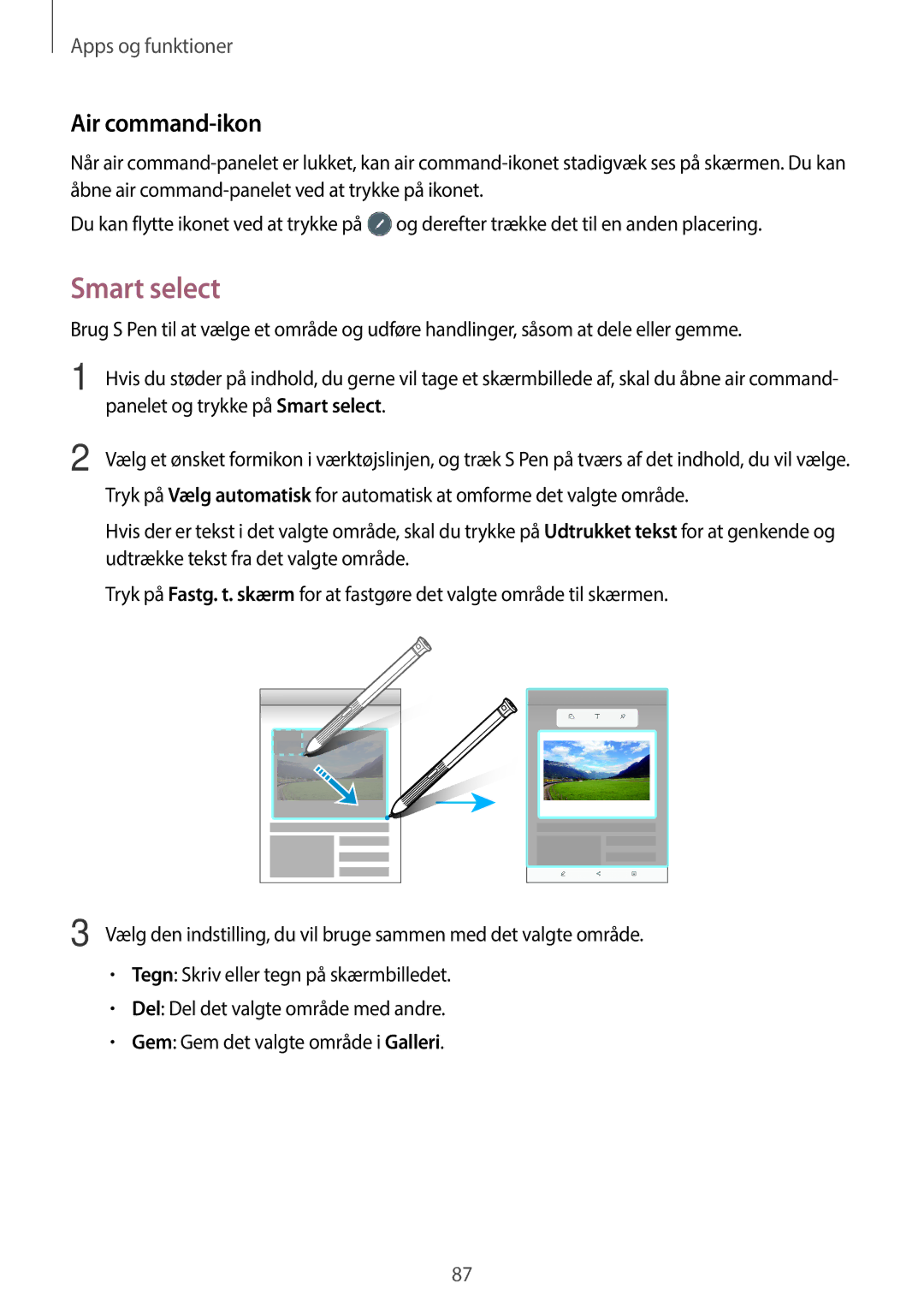 Samsung SM-T395NZKANEE manual Air command-ikon, Panelet og trykke på Smart select 