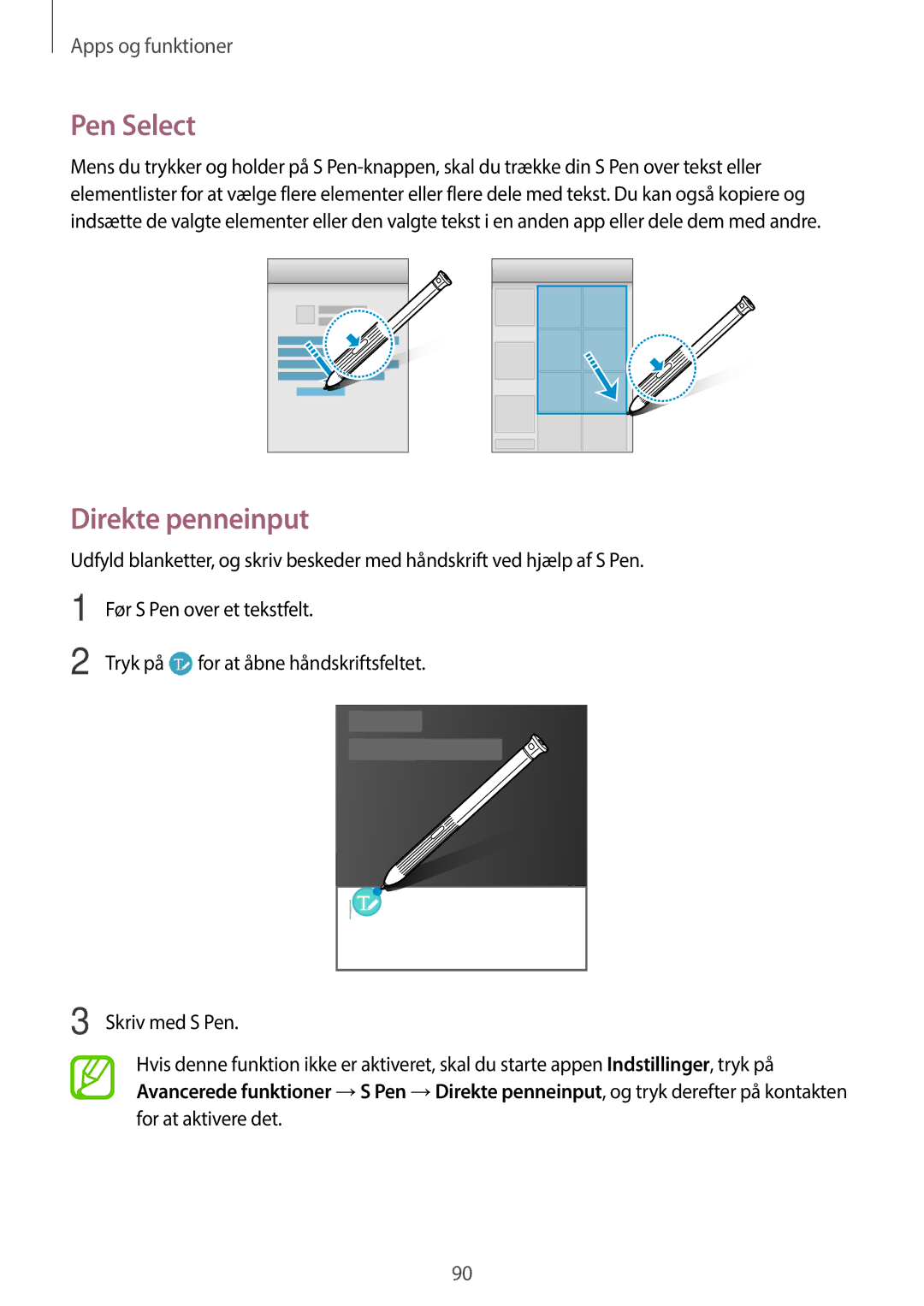 Samsung SM-T395NZKANEE manual Pen Select, Direkte penneinput 