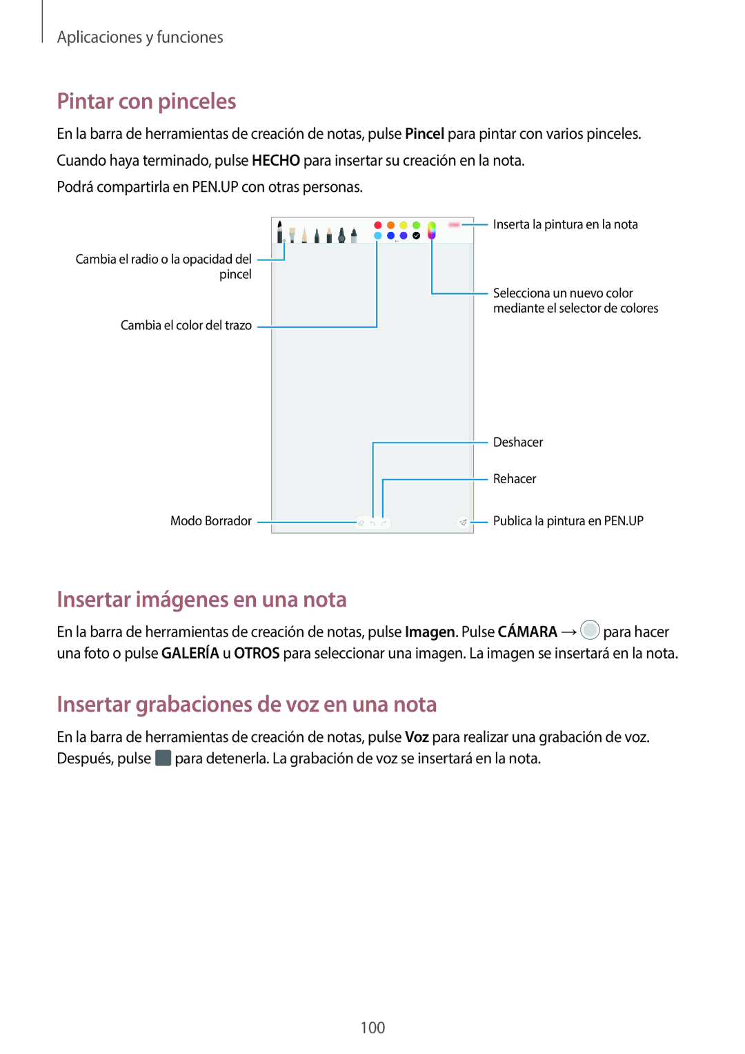 Samsung SM-T395NZKAPHE manual Pintar con pinceles, Insertar imágenes en una nota, Insertar grabaciones de voz en una nota 