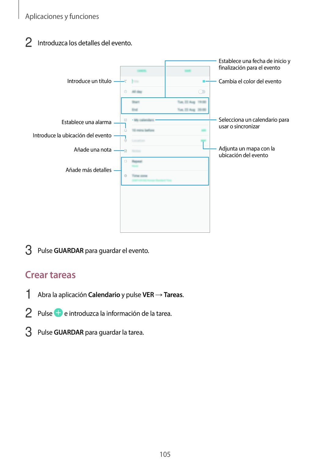 Samsung SM-T395NZKAPHE manual Crear tareas, Introduzca los detalles del evento, Pulse Guardar para guardar el evento 